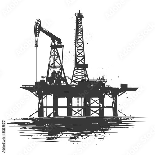 silhouette oil platform or oil derrick in the sea black color only