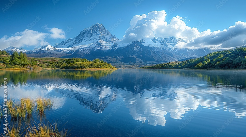A serene lake framed by snow-capped peaks.Professional photographer perspective