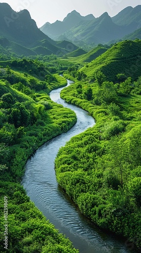 A tranquil river winding through a lush green valley.Professional photographer perspective
