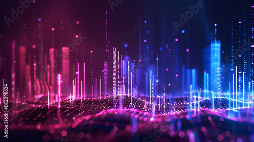 Abstract digital city background ,Futuristic cityscape ,Abstract background with purple neon grids city silhouette in vintage style