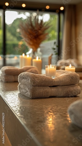 A tranquil spa setting with candles and towels