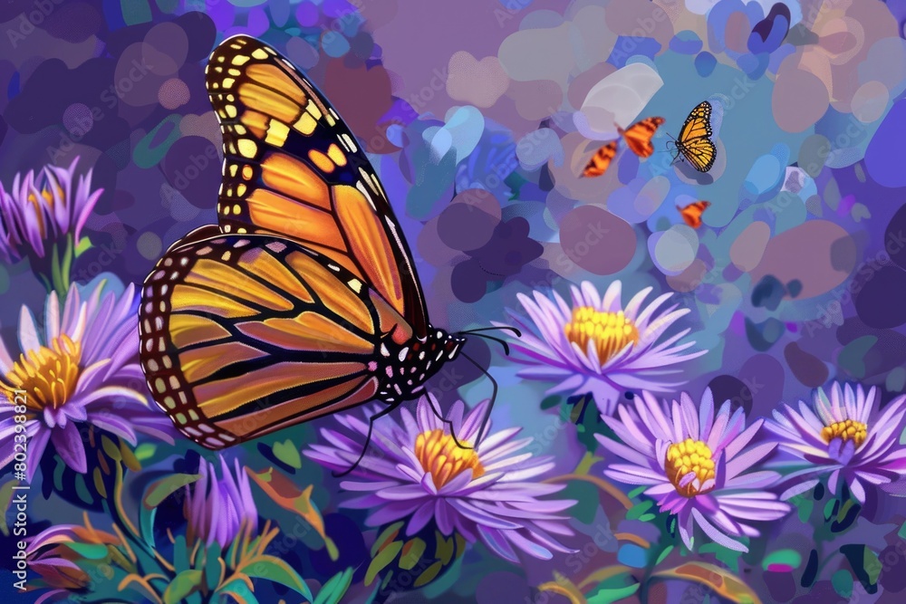 Obraz premium Beautiful monarch butterfly perched on a colorful flower, perfect for nature and wildlife designs