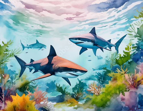 watercolor underwater ocean background with sharks swimming in coral reef backdrop wallpaper (ID: 802398802)