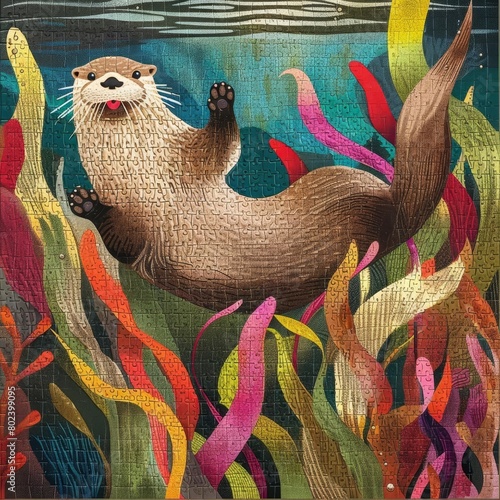 Playful Otter Cavorting in Vibrant Underwater Seascape photo