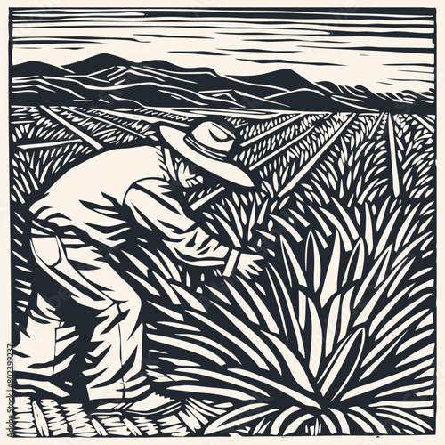 Emblem with a Mexican peasant working on an agave plantation, vector illustration