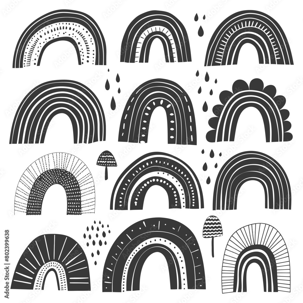 silhouette various rainbows doodle set hand drawn black color only silhouette various rainbows doodle set hand drawn black color only