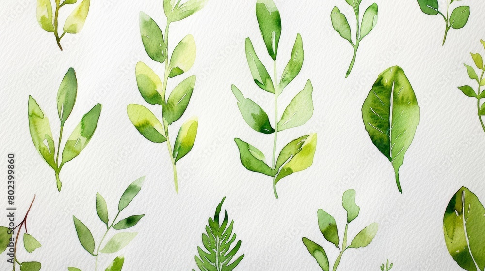 Close-up of a collection of watercolor greenery, showcasing the detailed strokes and shading of each leaf, set on a pure white canvas for maximum contrast Close-up of a collection of watercolor greenery, showcasing the detailed strokes and shading of each leaf, set on a pure white canvas for maximum contrast