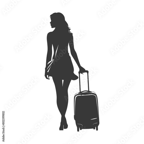 silhouette woman traveling with suitcase black color only