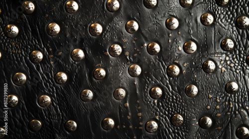 Metallic studs on a black leather background provide an edgy and rock-inspired texture to your design. photo