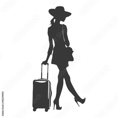 silhouette woman traveling with suitcase black color only