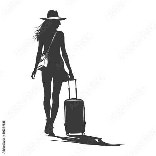 silhouette woman traveling with suitcase black color only