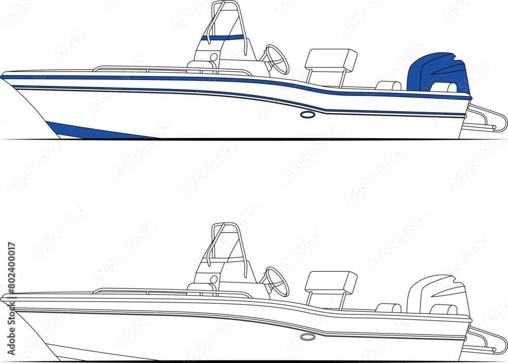 Fishing Boat Vector Line Art Illustration.