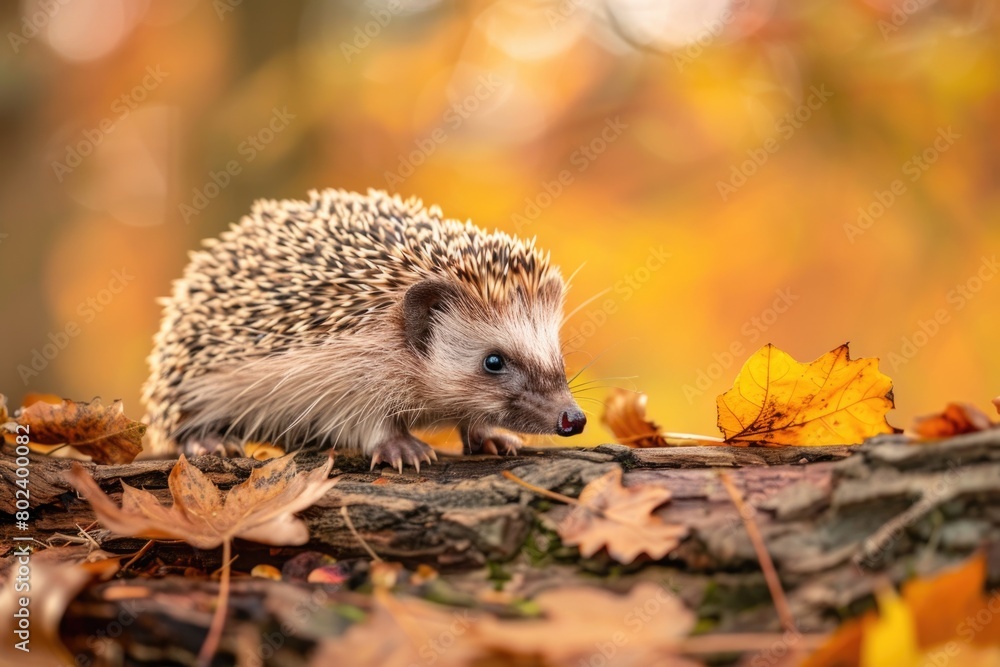 Fototapeta premium A hedge sitting on top of a pile of leaves. Suitable for autumn-themed designs