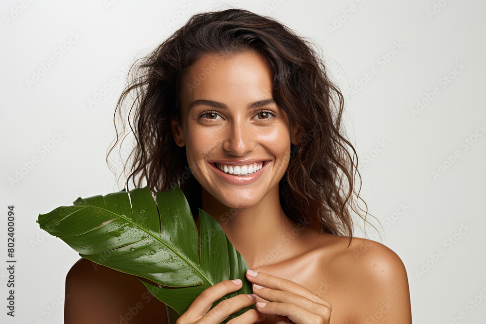 A woman is holding a leaf and smiling A woman is holding a leaf and smiling