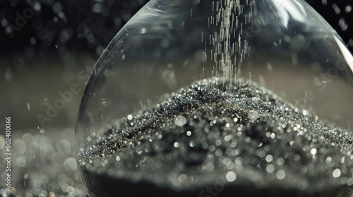 Close-up, high-resolution image of continuous sand flow in an hourglass, capturing each grain as it falls gracefully, symbolizing the inevitable passage of time photo