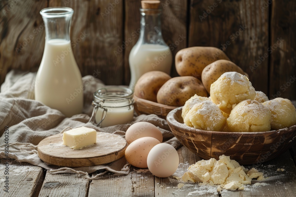 Gureroch, a traditional dish made from mashed potatoes, butter, and milk, beautifully presented on a rustic wooden table alongside the ingredients for Cimatori, featuring potatoes, eggs. Gureroch, a traditional dish made from mashed potatoes, butter, and milk, beautifully presented on a rustic wooden table alongside the ingredients for Cimatori, featuring potatoes, eggs.