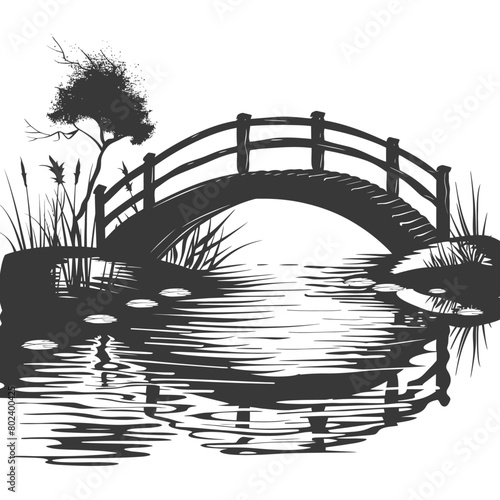 silhouette wooden bridge across the river full black color only