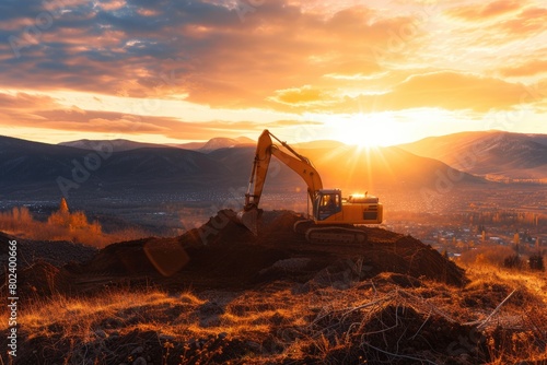 Dusk Dance: Excavator Silhouetted on Hilltop