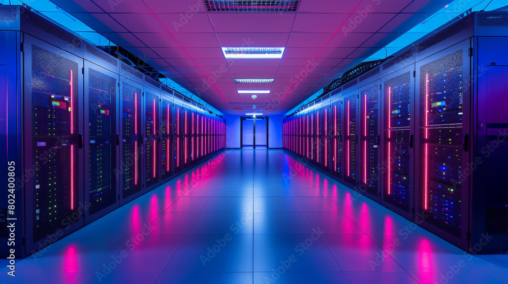 Futuristic Data Center with Neon Lighting and Rows of High-Performance Servers Futuristic Data Center with Neon Lighting and Rows of High-Performance Servers