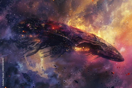 Spaceship flying through a galaxy filled with stars. Perfect for sci-fi and space-themed designs