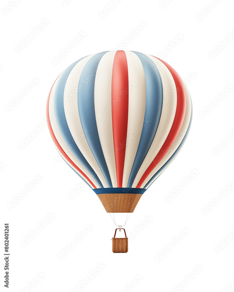 A vibrant hot air balloon, with colorful stripes, floating gracefully, basket attached, against a white background. Generative AI A vibrant hot air balloon, with colorful stripes, floating gracefully, basket attached, against a white background. Generative AI