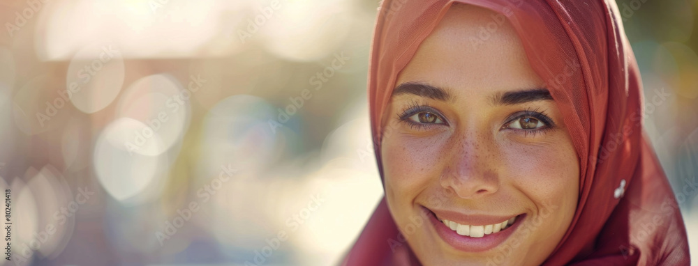 Portrait, Muslim and woman with hijab or smile for travelling, appreciation and happiness with pride. Islamic female, blurred background and smile in Dubai town for trip, vacation and weekend holiday Portrait, Muslim and woman with hijab or smile for travelling, appreciation and happiness with pride. Islamic female, blurred background and smile in Dubai town for trip, vacation and weekend holiday