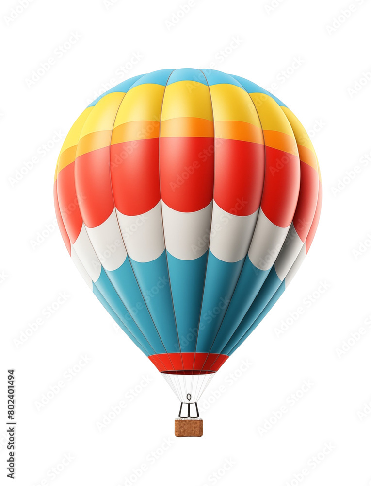 Fototapeta premium A vibrant hot air balloon, with colorful stripes, floating gracefully, basket attached, against a white background. Generative AI