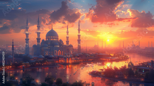 Scenic Islamic city skyline with mosque and minarets against a sunset sky.