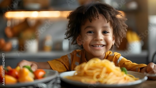 A joyful preschooler relishing a nutritious meal of spaghetti and veggies at home. Concept Childhood  Healthy Eating  Cooking  Family Mealtime  Preschooler