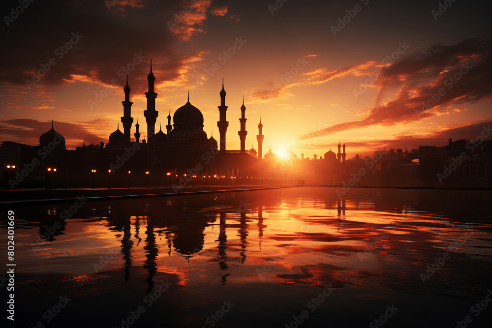Mosque silhouette against dark sky with sunset.