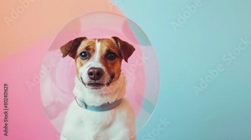 Regal Recovery with Room for Hope: Canine in Cone Collar Bathes in Soft Light (Surreal Studio Portrait)