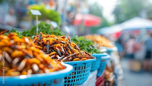 Edible Insects on Offer at Outdoor Market. Concept Edible Insects, Sustainable Protein, Exotic Foods, Market Stall, Culinary Adventure photo