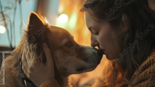 Female hand patting dog head  with love and kiss it. photo