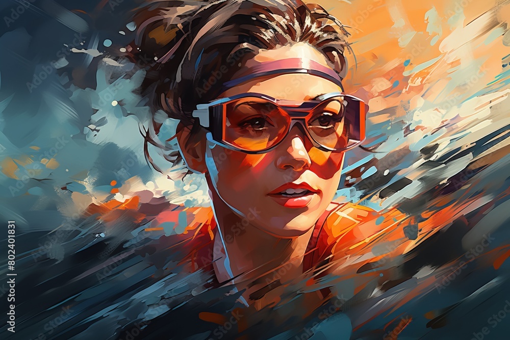 A woman wearing sunglasses and a red shirt is painted on a canvas A woman wearing sunglasses and a red shirt is painted on a canvas