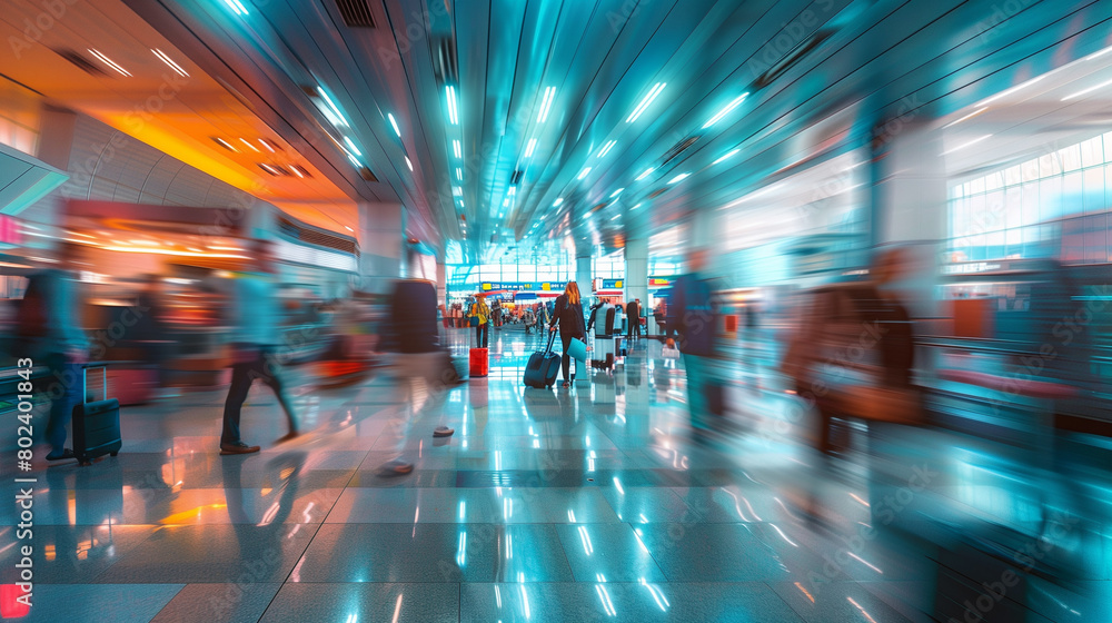 hustle and bustle at an airport, visualization of movement through blurring, created with generative AI technology
