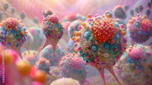 an abstract coral-colored virus, revealing its intricate interior structure adorned with smaller parts and spheres in a palette of gray, accented by hints of orange, pink, and blue.