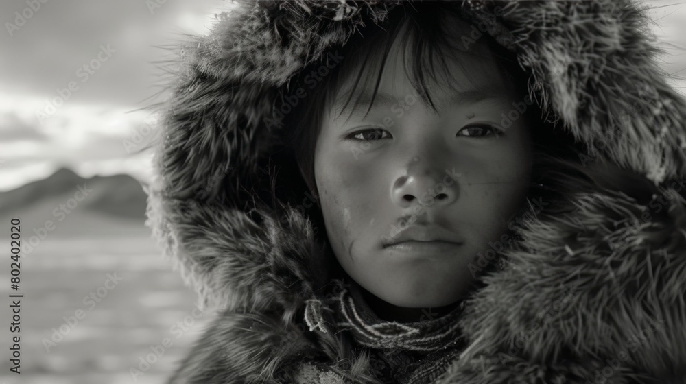 A young Mongolian boy wearing a furry coat in the snow. Bright colors. A young Mongolian boy wearing a furry coat in the snow. Bright colors.