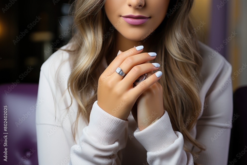close-up of a girl holding her hands near her face, white manicure on the girl's fingers. close-up of a girl holding her hands near her face, white manicure on the girl's fingers.