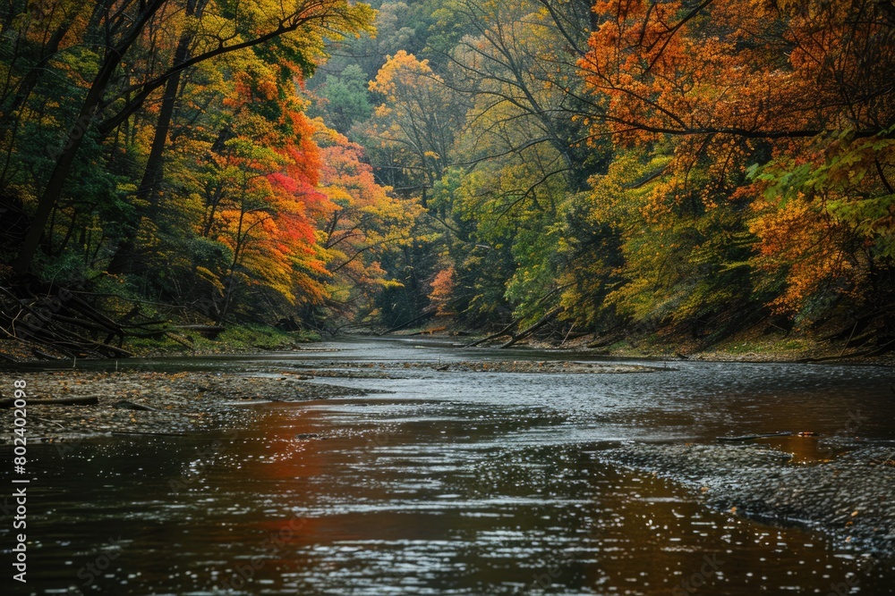 Obraz premium A serene river flowing through a dense forest. Ideal for nature and travel concepts