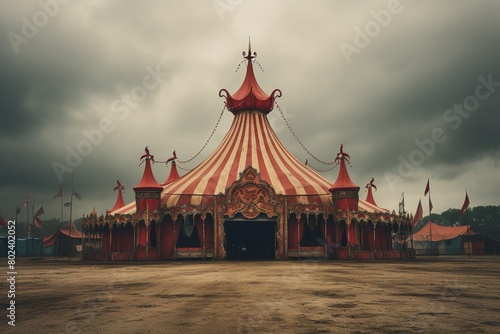 A circus tent with red and white stripes is standing in a field