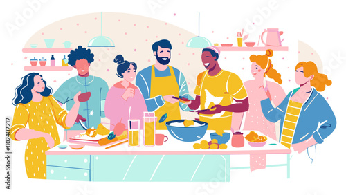 Diverse Friends Enjoying a Fun Cooking Party in a Modern Kitchen