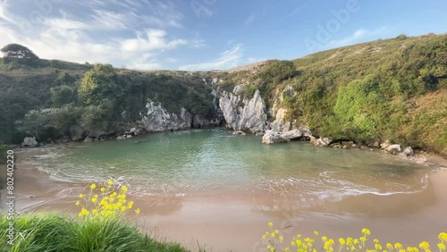 Gulpiyuri beach, beach landscape in summer. Asturias, Spain.