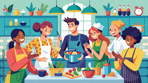Joyful Friends Enjoying a Cooking Class in a Vibrant Kitchen
