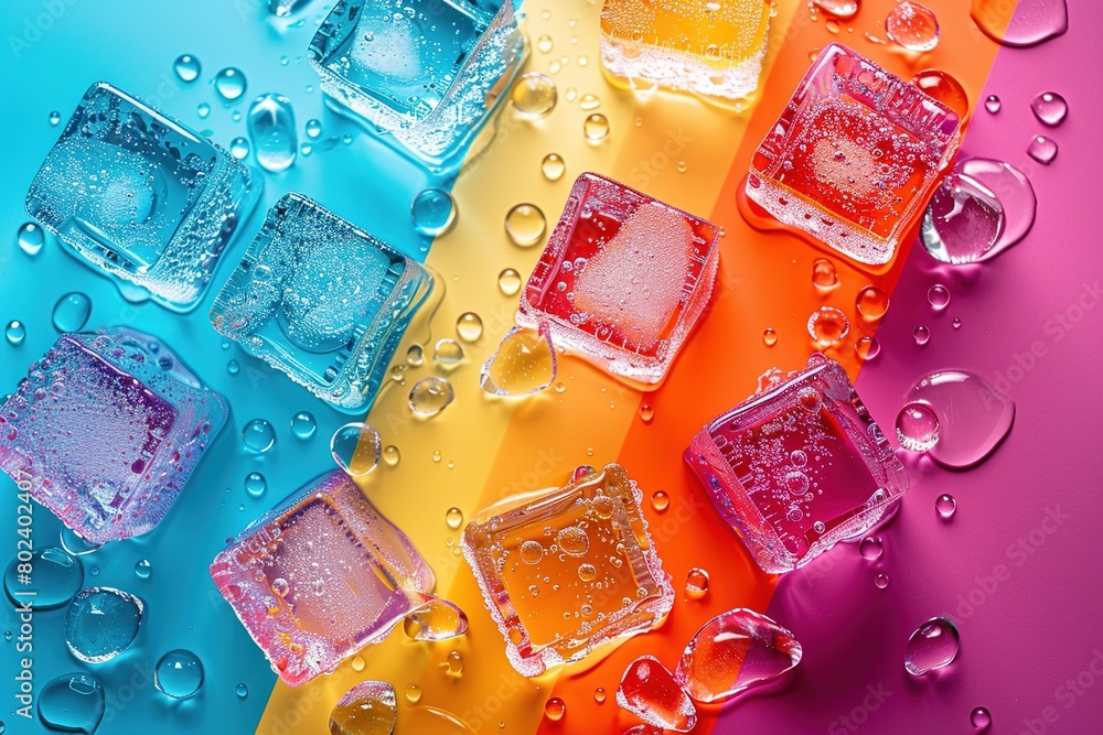 A colorful array of ice cubes on a table A colorful array of ice cubes on a table
