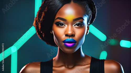 Beautiful black woman with bright neon lip stick and neon make up