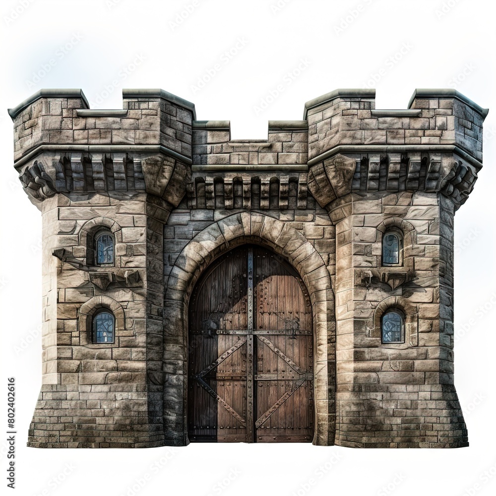 A castle with a large wooden door and windows