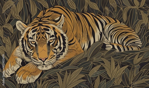 Watercolor picture of the tiger lying in green ferns with sepia background wallpaper