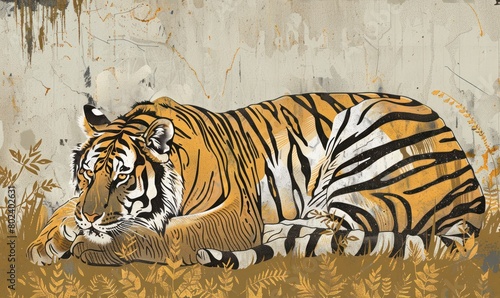 Watercolor picture of the tiger lying in green ferns with sepia background wallpaper