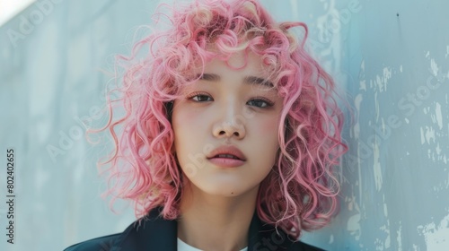Teen Chinese Woman with Pink Curly Hair 1990s style Illustration.