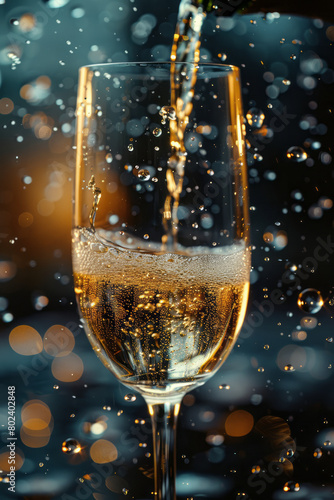 A glass of champagne being poured  with bubbles and foam caught in sharp relief 